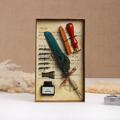 Набор подарочный 5 в 1 «Стимпанк»: перьевая ручка бирюза, чернила, наконечники, печать, воск