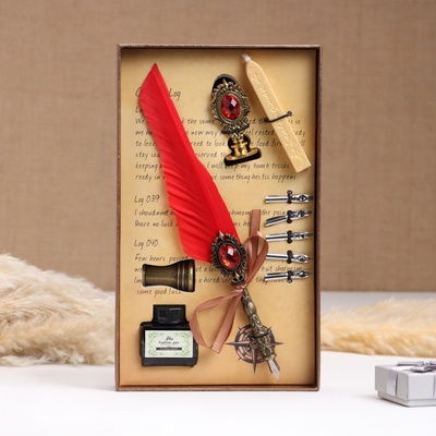 Набор подарочный 5 в 1 «Реликвия»: перьевая ручка красная, чернила, наконечники, печать, воск