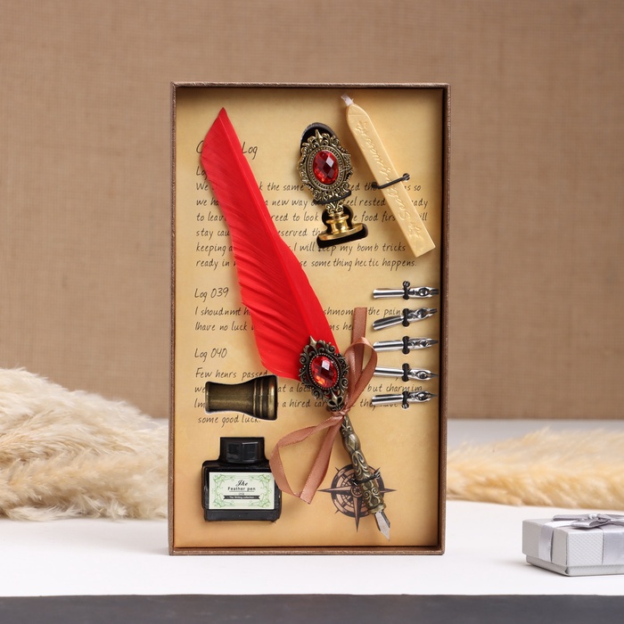 Набор подарочный 5 в 1 «Реликвия» (перьевая красная ручка, чернила, наконечники, печать, воск) - Фото 1