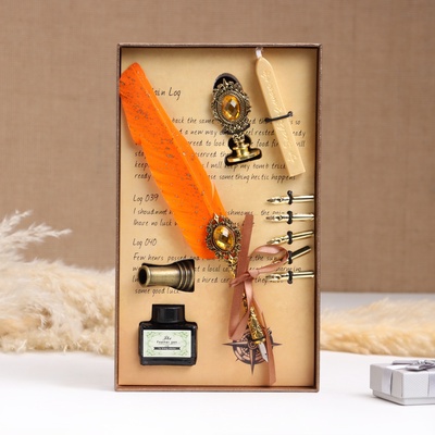 Набор подарочный 5 в 1 «Реликвия»: перьевая ручка оранжевая, чернила, печать, воск