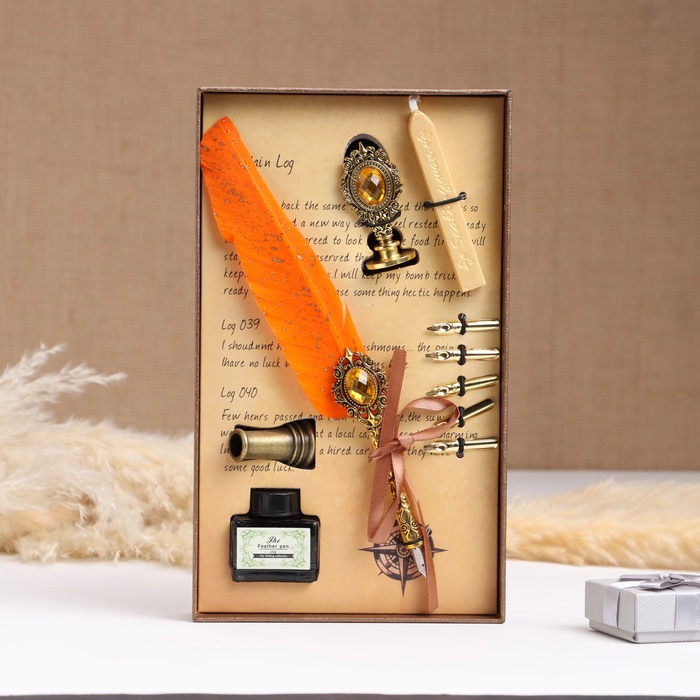 Набор подарочный 5 в 1 «Реликвия» (перьевая оранжевая ручка, чернила, печать, воск) - Фото 1