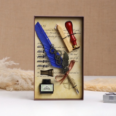 Набор подарочный 5 в 1 «Стимпанк»: перьевая ручка синяя, чернила, наконечники, печать, воск