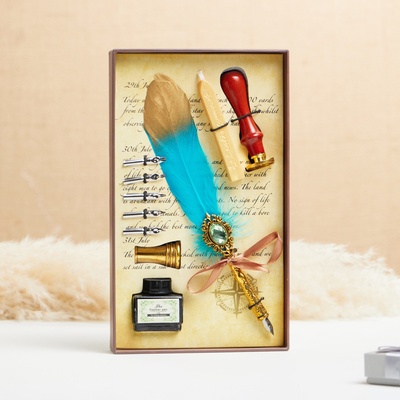 Набор подарочный 5 в 1 «Силенция», перьевая ручка зеленая с золотом, чернила, печать, воск