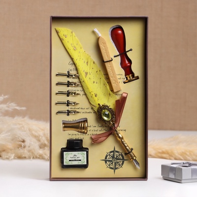 Набор подарочный 5 в 1 «Реликвия», перьевая ручка желтая, чернила, печать, воск