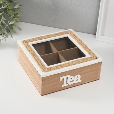 Шкатулка для чая с делениями «С рамкой из джута», дерево, 23.5×23.5×7 см