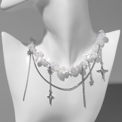 Чокер-колье многослойный «Звёздочки», жемчужные бусины, белый в серебре