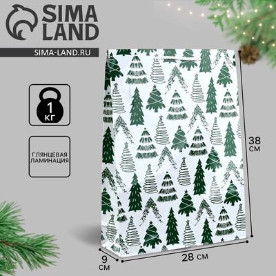 Пакет подарочный новогодний ламинированный «Ёлочки», L 28×38×9 см