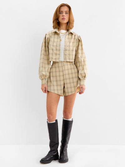 Костюм женский: блузка, шорты, MINAKU: Casual Collection, бежевая клетка, размер 44
