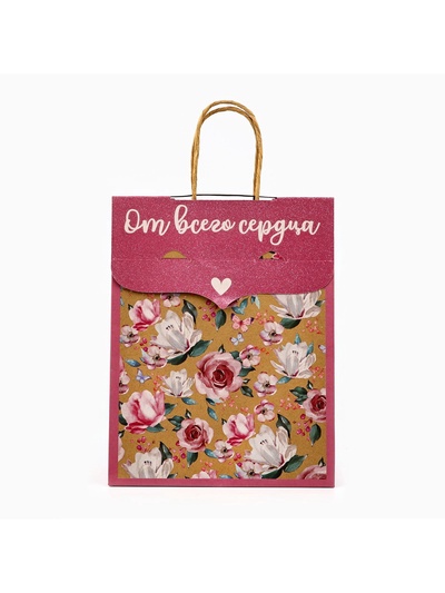 Пакет с клапаном «Цветы», крафт, глиттер, 19.5×10×25 см