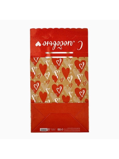 Пакет с клапаном «С любовью», сердца, крафт, глиттер, 19.5×10×25 см