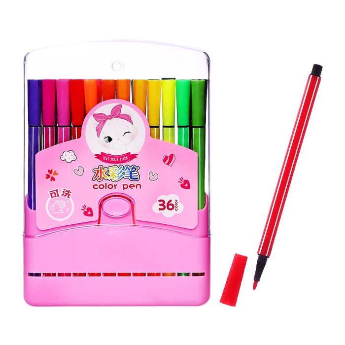 Фломастеры 36 цветов Полоска в пластиковом пенале вентилируемый колпачок, розовый - Фото 1