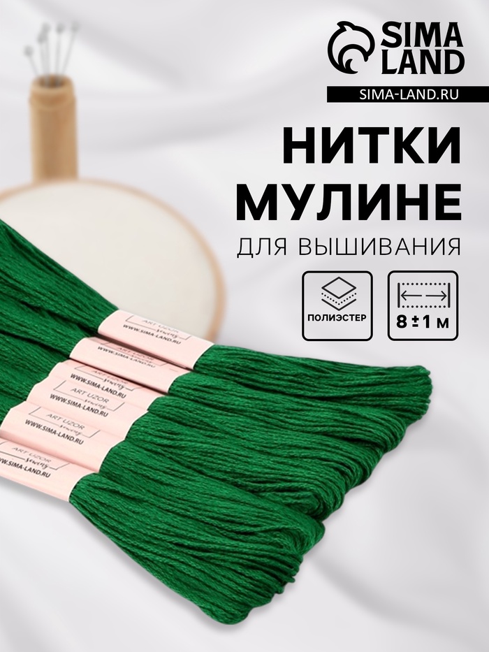Нитки мулине №3818, 8±1 м, набор 6 шт., тёмно-зелёный - Фото 1