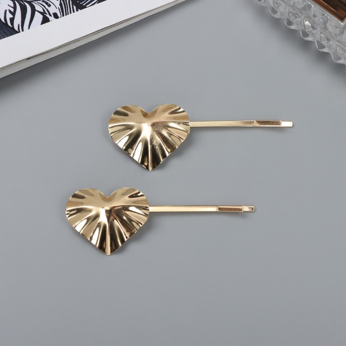 Невидимки для волос QF «Бенте», набор 2 шт., сердце, 6 см, золото