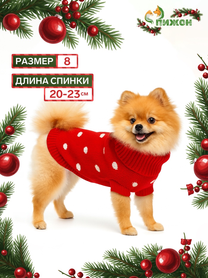 Свитер для животных «Горошек», размер 8 (ДС 20-23, ОГ 25-32, ОШ 16-19 см), красный - Фото 1