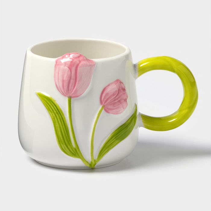 Кружка «Тюльпан», 430 мл, розовый цветок, керамика, белая - Фото 1