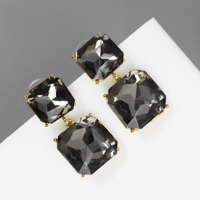 Серьги со стразами «Иллюзион» полутона квадраты, серые в золоте