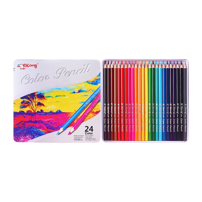 Карандаши 24 цвета, треугольные, деревянные «Пейзаж», в металлическом пенале, МИКС - Фото 1