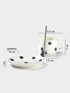 Чайная пара «Горошек», 220 мл, с ложкой, блюдце d=15, кружка 9.5×7.5×7 см, керамика, белая - Фото 2