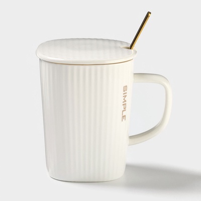 Кружка Simple, 320 мл, 14.5×10.5×8.5 см, с крышкой и ложкой, керамика, белая
