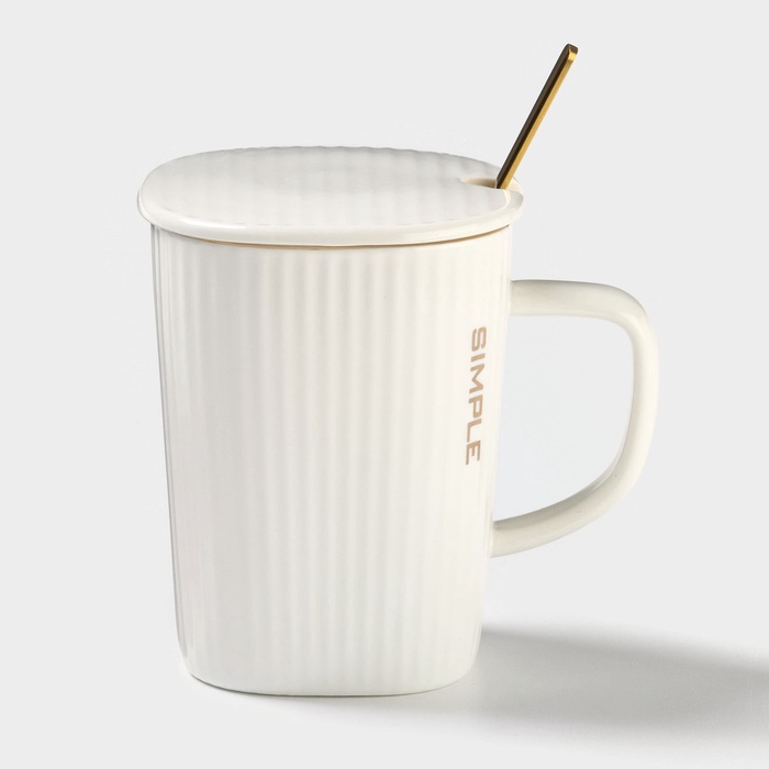 Кружка Simple, 320 мл, 14.5×10.5×8.5 см, с крышкой и ложкой, керамика, белая - Фото 1