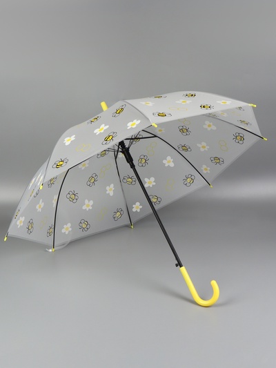Зонт - трость полуавтоматический «Пчёлки», 8 спиц, R=45/54 см, D = 90 см, прозрачный, белый, жёлтый