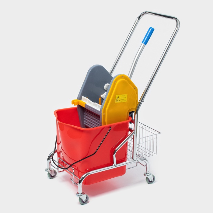 Тележка уборочная одноведерная с вертикальным отжимом и сеткой, красное ведро 25 л, хромированная рама - Фото 1