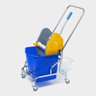 Тележка уборочная одноведерная с вертикальным отжимом и сеткой, синее ведро 25 л, хромированная рама - Фото 1