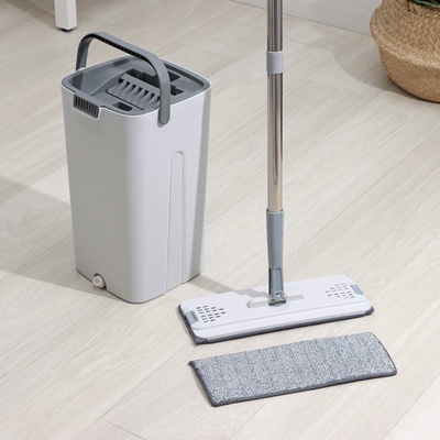 УЦЕНКА Швабра с отжимом и ведро Raccoon: ведро с отсеками, швабра плоская, 2 кармана, 32×12×142 см, дополнительная насадка из микрофибры