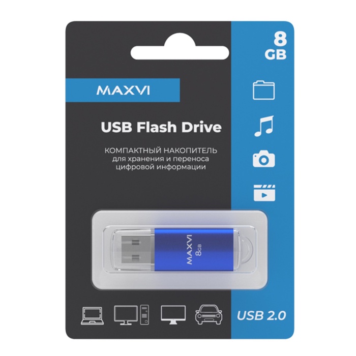 Флешка Maxvi MP, 8 Гб, USB2.0, чт до 25 Мб/с, зап до 15 Мб/с, синяя - фото 51699229