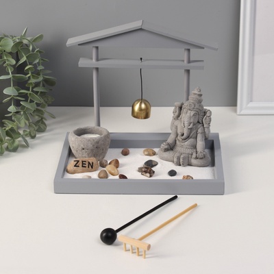 Японский сад камней настольный «Дзен. Ганеша у храма», с набором аксессуаров, колокольчик, 16×22×18.5 см
