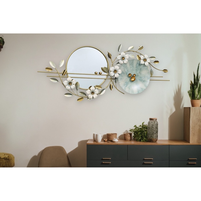 Декор настенный, панно металл с зеркалом «Веточка с цветами», 64×149×8 см - Фото 1