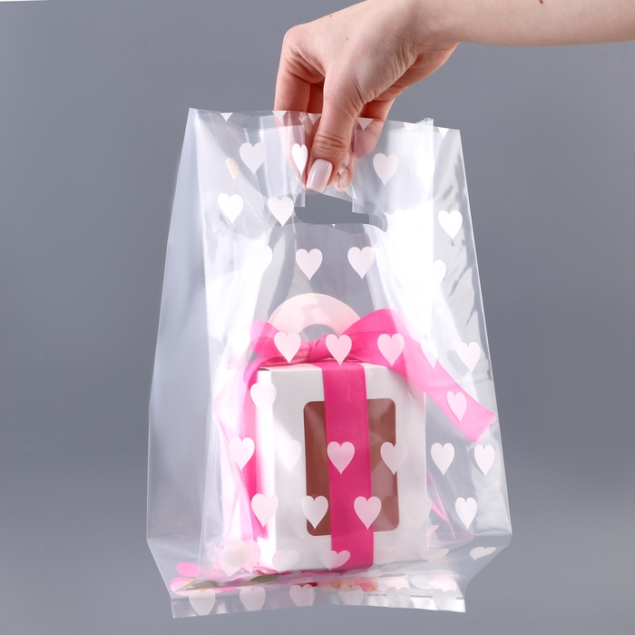 Пакет полиэтиленовый квадратный с вырубной ручкой, упаковка, «Сердечки», 17×33+17 см ±5% 60 мкм - Фото 1