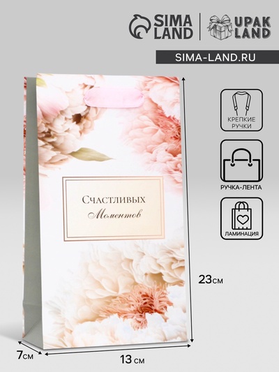 Пакет подарочный ламинированный «Счастливых моментов»,13×23×7 см