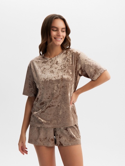 Пижама женская (футболка, шорты) KAFTAN Velvet, размер 44-46, кофейная