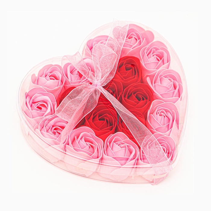 Подарочный набор в форме сердца из красно-розовых мыльных роз, в коробке, 18 шт. - Фото 1