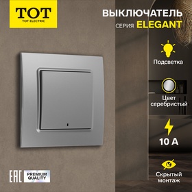 Выключатель TOT Elegant, 10 А, 1 кл., с подсветкой, скрытый, серебристый 10439584