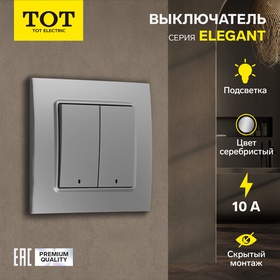 Выключатель TOT Elegant, 10 А, 2 кл., с подсветкой, скрытый, серебристый 10439597