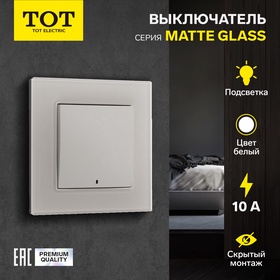 Выключатель TOT Matte Glass, 10 А, 1 кл., с подсветкой, скрытый, стекло, белый 10439644