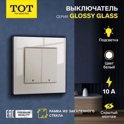 Выключатель TOT Glossy Glass, 10 А, 2 клавиши, с подсветкой, скрытый монтаж, стеклянная рамка, белый