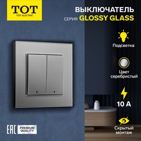 Выключатель TOT Glossy Glass, 10 А, 2 клавиши, с подсветкой, скрытый, стекло, серебристый 10439715