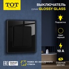 Выключатель TOT Glossy Glass, 10 А, 2 клавиши, с подсветкой, скрытый монтаж, стеклянная рамка, чёрный - Фото 1