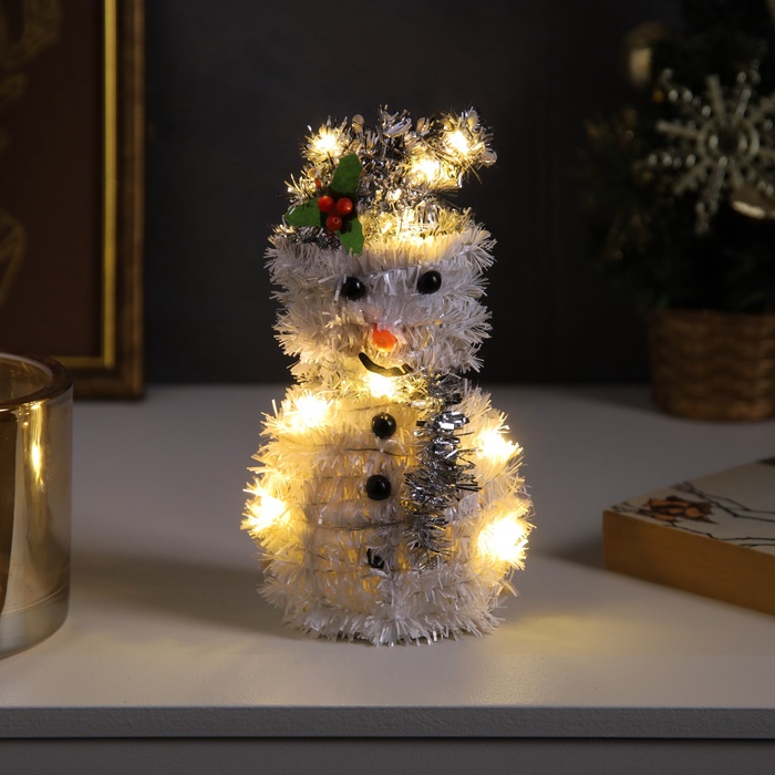 Светодиодная фигура из мишуры «Снеговик в серебристом» 16×9 см, 10 LED, батарейки AG10×3 (в комплекте), свечение тёплое белое
