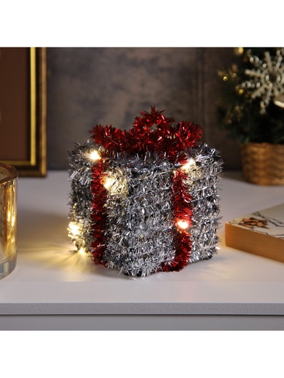 Светодиодная фигура из мишуры «Подарок серебристый» 12×9 см, 10 LED, от батареек AG10×3, свечение тёплое белое