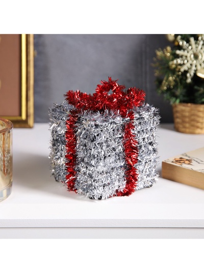 Светодиодная фигура из мишуры «Подарок серебристый» 12×9 см, 10 LED, от батареек AG10×3, свечение тёплое белое