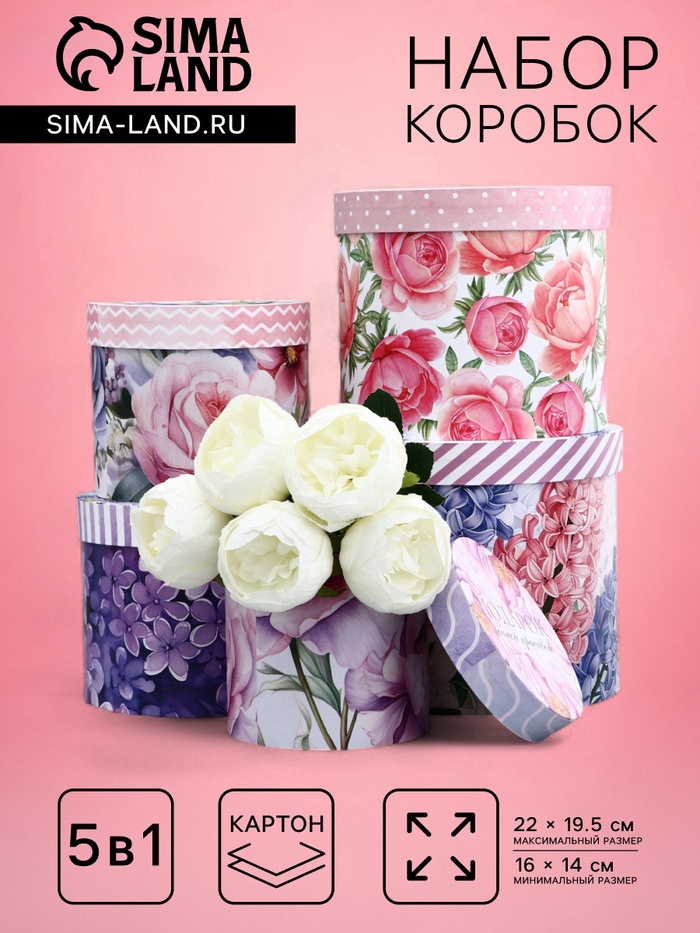 Набор шляпных коробок для цветов 5 в 1, упаковка подарочная, «Весна», 16×14 см - 22×19.5 см - Фото 1
