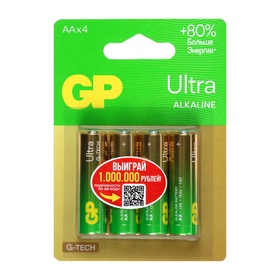 Батарейка алкалиновая GP Ultra, AA, LR6-4BL, 1.5В, блистер, 4 шт. 10846388