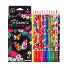 Карандаши 12 цветов, в картонной коробке, шестигранные, деревянные «Цветы на чёрном», МИКС - Фото 1