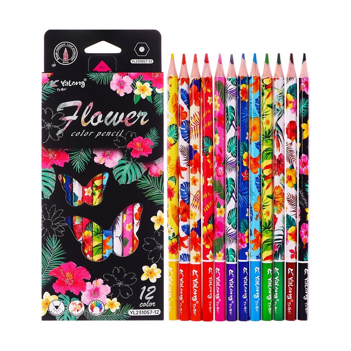 Карандаши 12 цветов, в картонной коробке, шестигранные, деревянные «Цветы на чёрном», МИКС - Фото 1
