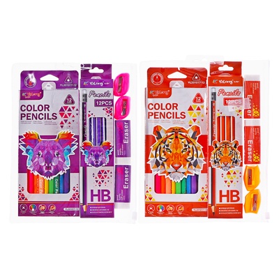 Набор карандашей чернографитных 12 штук цветные, 2 точилки, 2 ластика, в папке на молнии, МИКС