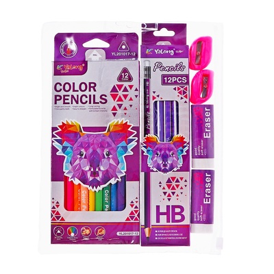 Набор карандашей цветных чернографитных Yalong, 12 штук, 2 точилки, 2 ластика, в папке на молнии, МИКС